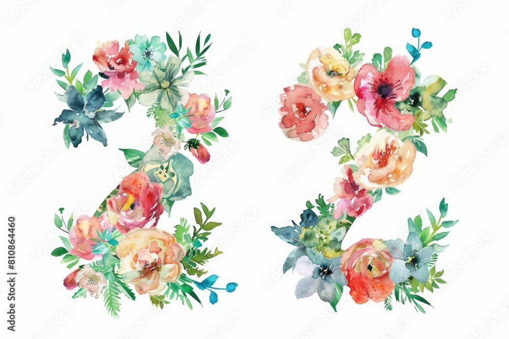 Poster a beautiful number made up of watercolor flowers. perfect for various design projects