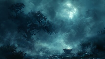 Fototapeta premium Observe a moonlit night where a solitary cauldron bubbles amidst twisted trees.