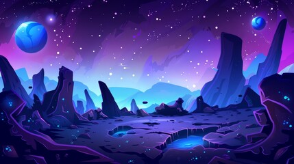 Fototapeta premium Space game background with alien planet landscape with rocks, cracks, glowing spots, mist and glowing spots. Modern illustration of cosmos and planet surface.