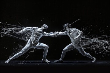 Two men in fencing suits engaged in a fierce battle. Suitable for sports or competition concepts