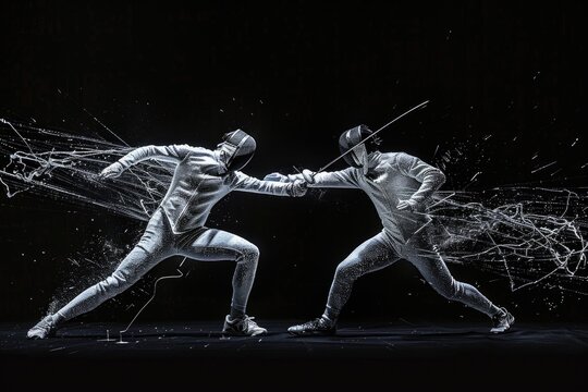 Two men in fencing suits engaged in a fierce battle. Suitable for sports or competition concepts