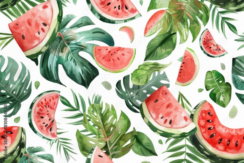 Poster a pattern of watermelon slices and leaves on a white background. suitable for summer-themed designs