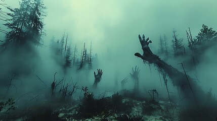 Picture a chilling scene of zombie hands clawing their way out of the earth in a misty, desolate field at dusk.