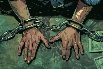 Hands chained to chains with money background, suitable for finance concepts