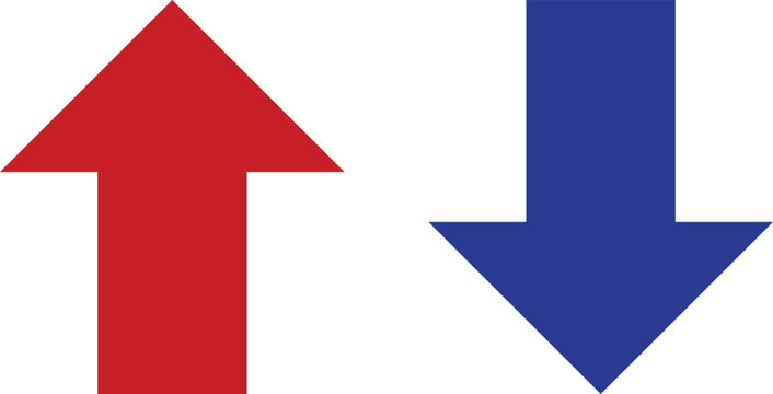 Rising and falling arrows icon isolated on white background . Red and blue up down arrows icon . Vector