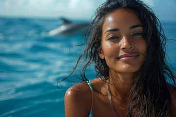 Carefree woman posing with a slight smile and water glistening on her tanned skin, with ocean in the background