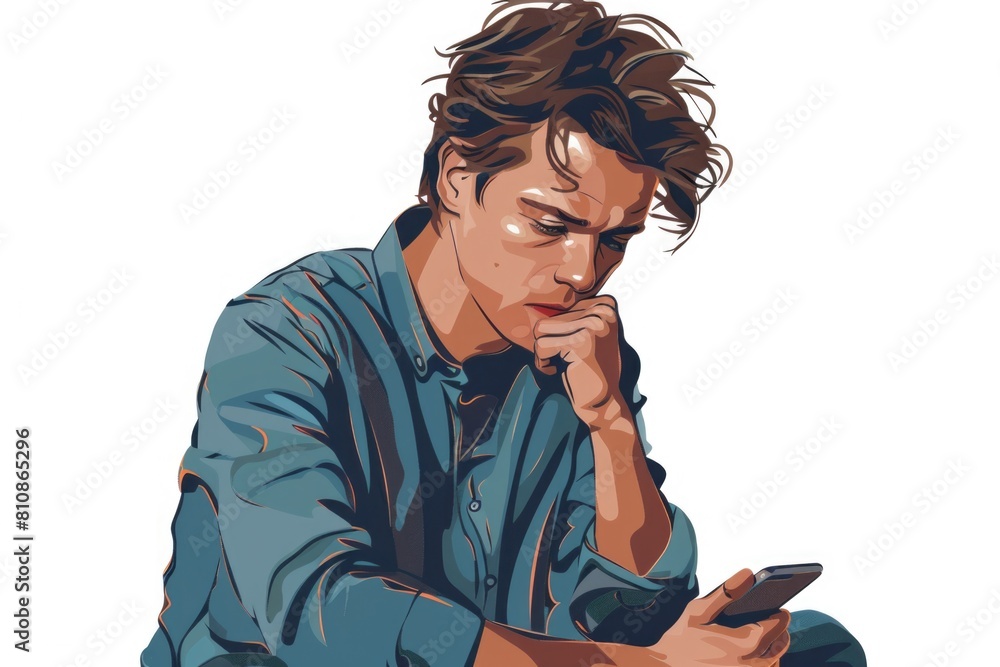 Poster a man sitting on the ground looking at his cell phone. suitable for technology and communication con