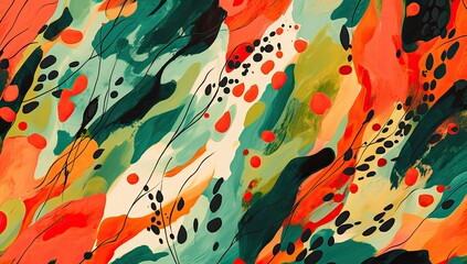 Tranquil Woods: Painting of Forest Bathed in Green Leaves and Warm Orange Splatters