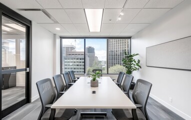 A minimalist conference room with white walls, grey chairs around the table and a large window overlooking cityscape - Powered by Adobe