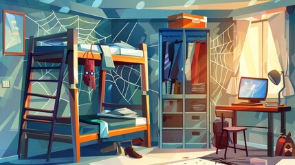Vacant, dirty student dormitory room with spiderwebs, ragged wallpaper, and scattered garbage. Cartoon illustration of abandoned living apartment with bunk bed, wardrobe, and desk with computer.