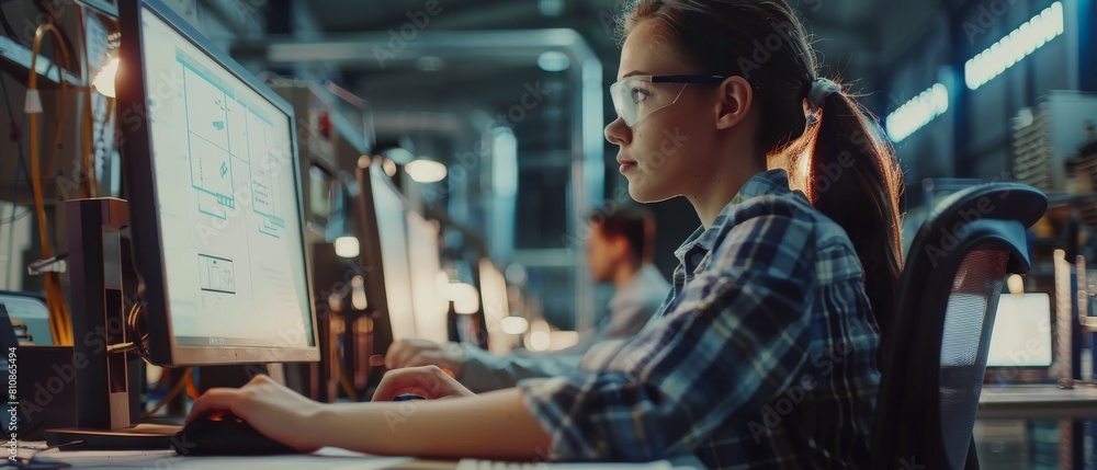 Poster this is a portrait of a smart and beautiful female engineer working on a desktop computer while peop