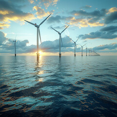 Renewable power:  wind turbines offshore, alternative and clean energy in a beautiful sunrise on the sea