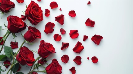 The Valentine s Day vibe is beautifully captured with red roses and delicate rose petals set against a crisp white background