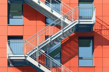 A red building with a metal staircase going up it. Suitable for architectural and urban themes