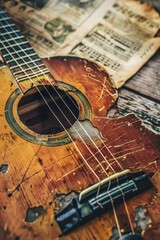 Obraz premium A guitar resting on a wooden table, perfect for music-related projects