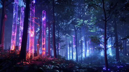 light play amidst the forest at night, featuring a tall tree and a tree in the foreground