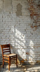 Wooden chair sitting against a brick wall. Vertical background 