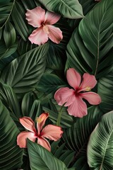 Fototapeta premium Beautiful pink flowers surrounded by vibrant green leaves, perfect for nature backgrounds