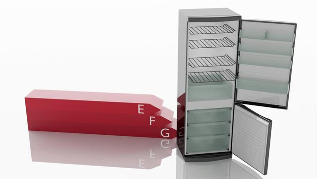 Filmato. Illustrazione 3D. Elettrodomestici. Frigo affiancato con un simbolo di risparmio energetico.
Monete da un euro si accumulano a simboleggiare il risparmio.