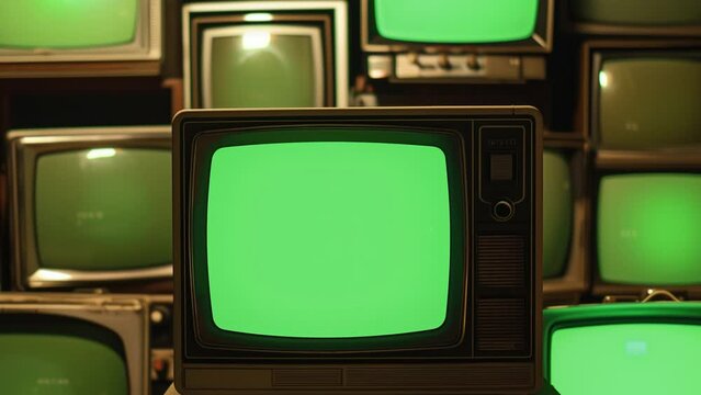 a pile of old tube TVs, with a green screen