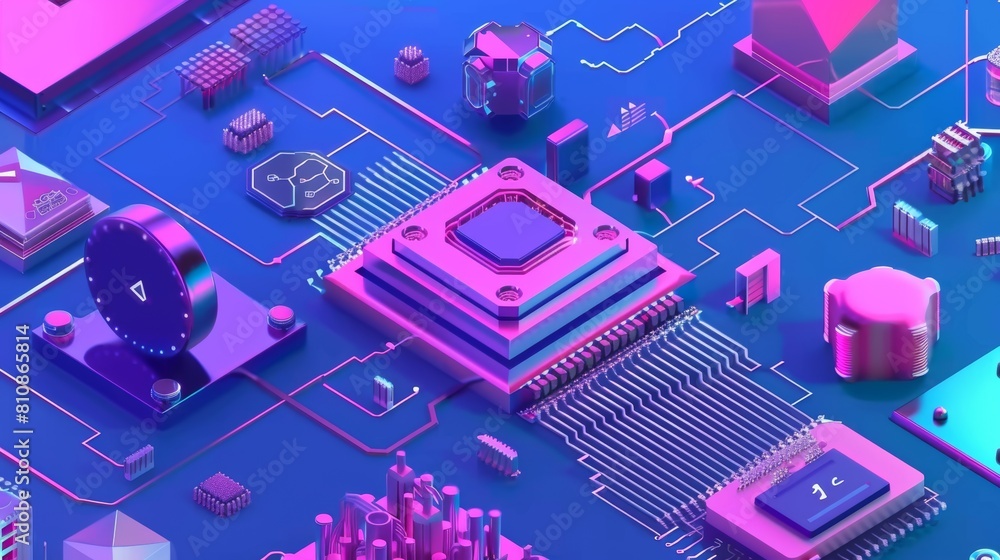 Poster 3d modern banner with artificial intelligence and gadgets around circuit processor chip, internet of
