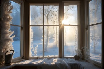 Morning sunlight streaming through a frost-covered window