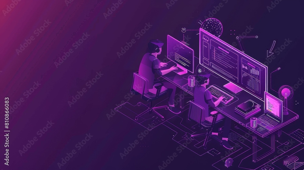 Poster isometric landing page for hackathon. team of programmers, project managers, graphic designers creat