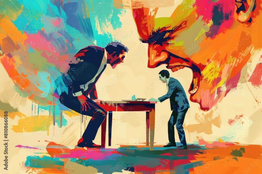 Poster A painting of two men playing a game of chess. Suitable for strategy and competition concepts