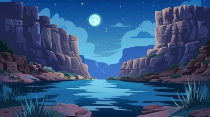 Canyon river at night. Modern landscape of nature park with a water stream and stone cliffs. Grand Canyon national park in Arizona.