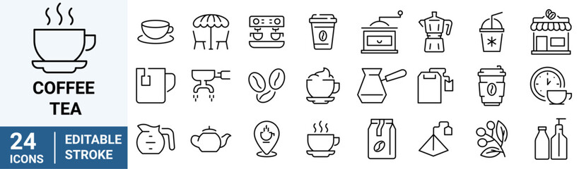 coffee and tea line web icons. iced, maker machine, beans, Espresso cup. Collection of Outline Icons. Vector illustration.