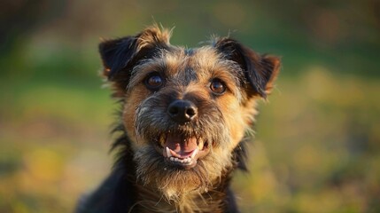 A scruffy mixed breed dog with a happy expression standing outdoors