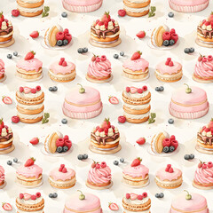 Seamless pattern. Multi-colored cakes, cupcakes and muffins. Variety of sweet pastries. Texture for wallpaper, kitchen design, background, cards and your creativity.