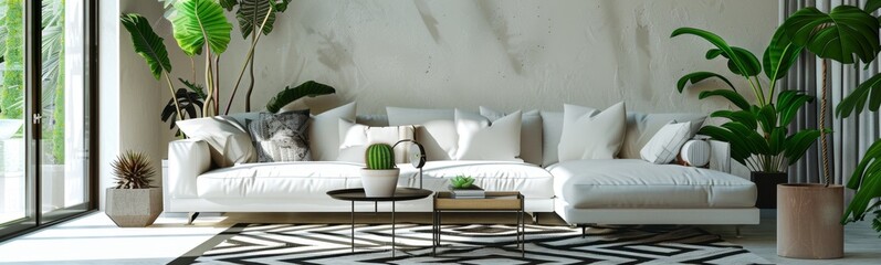 White couch with pillows and a table with a cactus. Banner