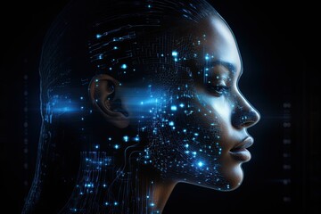 Glowing hologram face. Future technology and artificial intelligence concept. Ai Generative