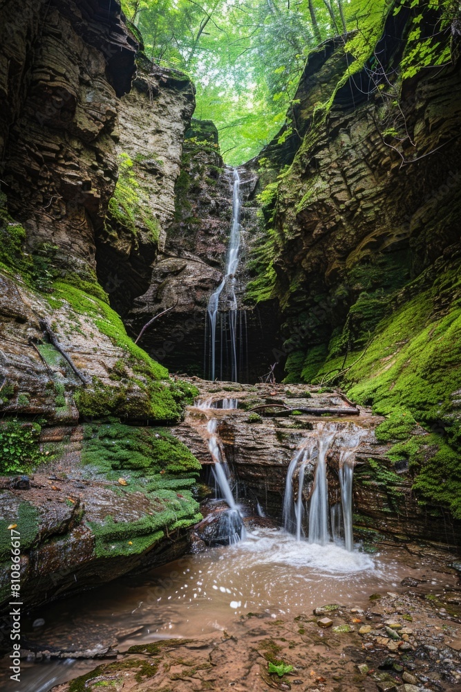 Poster a scenic waterfall cascading through a moss-covered canyon. ideal for nature and travel concepts