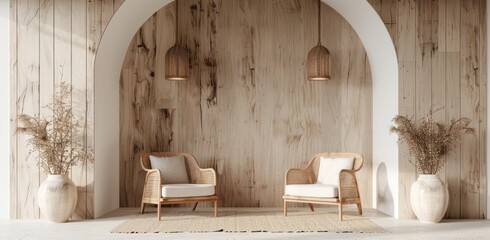 A minimalist interior with an arched wooden wall and two rattan chairs, creating a serene atmosphere