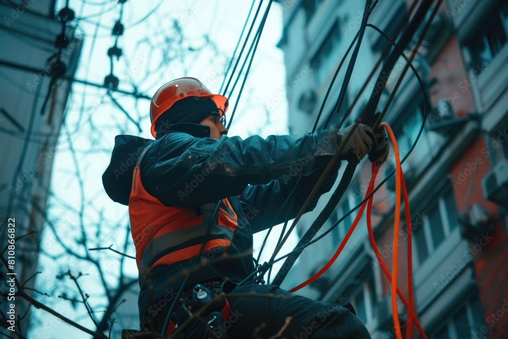 Poster a man in an orange safety vest working on a power line. suitable for illustrating electrical work pr