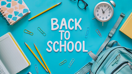 Poster with the text: Back to school. Composition with pencils, notebooks, paper clips, a backpack, an alarm clock and a glasses