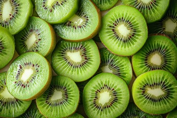 Juicy green kiwi slices are meticulously arranged to form a seamless, tantalizing fruit background