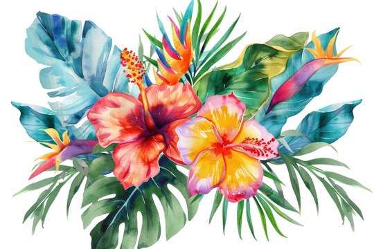 Colorful tropical flowers and leaves painted in watercolor. Perfect for botanical illustrations