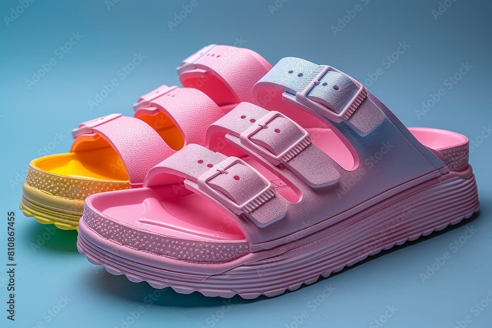 Poster trendy stacked platform sandals displayed in an array of pastel shades against a contrasting backgro