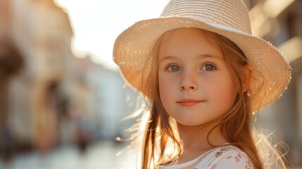 A happy little girl with a straw hat and white dress smiles while exploring nature. Her lips part in a smile, showcasing her bright iris and prominent chin AIG50