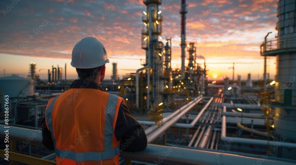 Poster a man wearing a hard hat looking at a factory. perfect for industrial and construction concepts