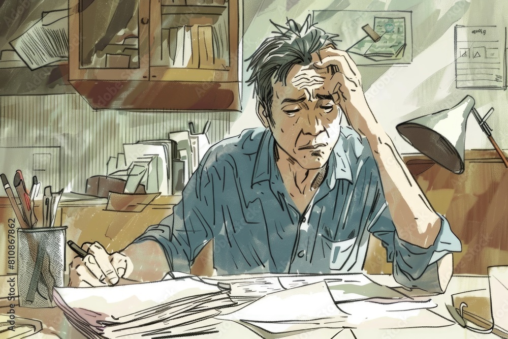 Poster a man sitting at a table with a pen and paper. suitable for educational or office themes