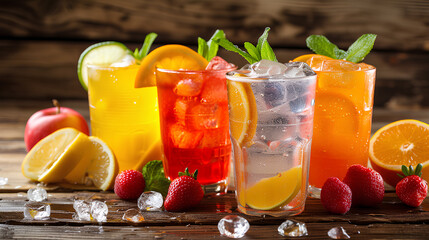 assortment of fresh iced fruit drinks on wooden