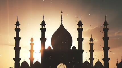 Illuminated Ramadan mosque silhouette against a white backdrop, evoking serenity and reverence.