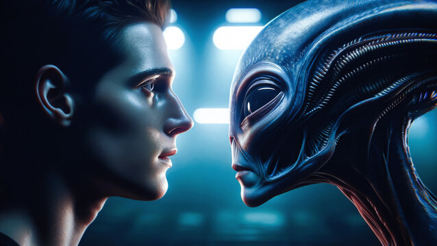 AI generated illustration of a human and a blue alien face each other closely