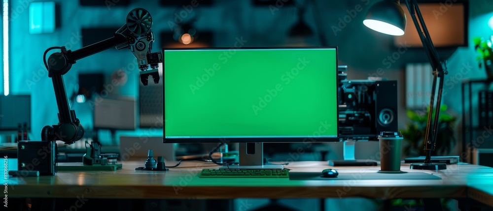 Poster an isolated green mock-up screen display is on a desk computer with a robot arm concept in the backg