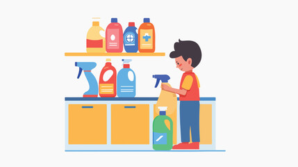 Child playing with kitchen detergents at home. Kid wi