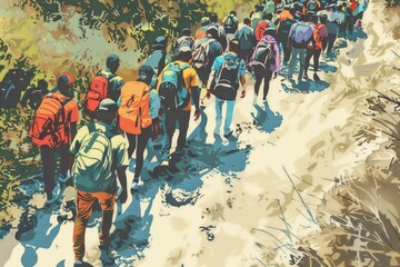 Fototapeta premium A group of people walking together on a dirt road. Suitable for outdoor activities or teamwork concepts